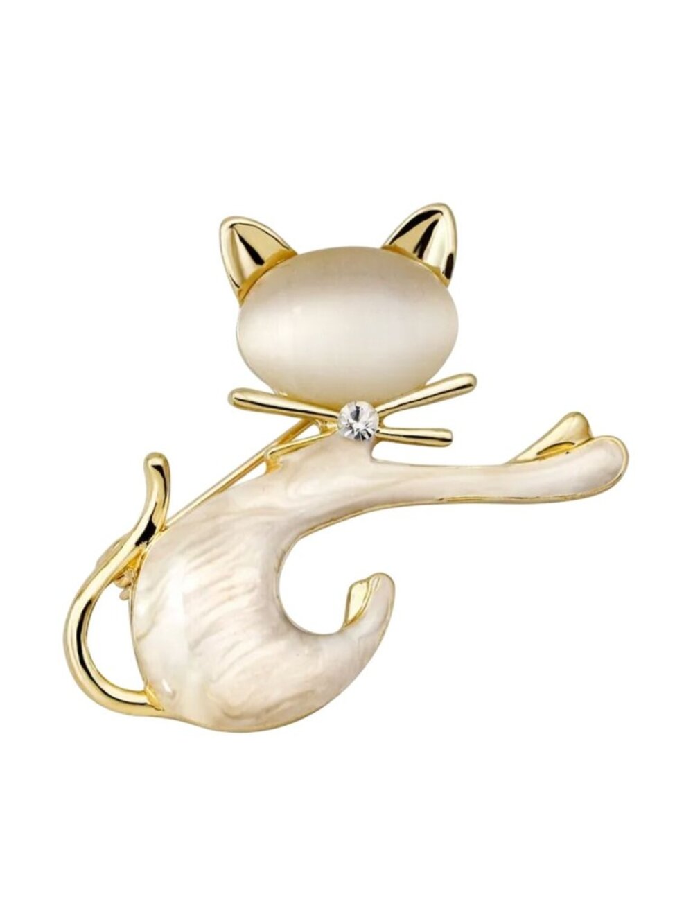 Cat Brooch Off White Glass Enamel & Crystal Gold Tone